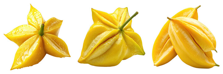 Close-up of three starfruit with star-shaped appearance, showcasing their vibrant yellow color