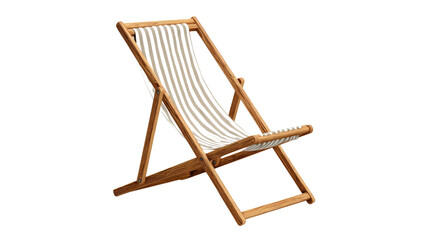 A rustic wooden deck chair featuring a classic white and black striped fabric sling, ideal for summer relaxation outdoors. background removed
