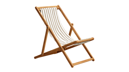A rustic wooden deck chair featuring a classic white and black striped fabric sling, ideal for summer relaxation outdoors. background removed