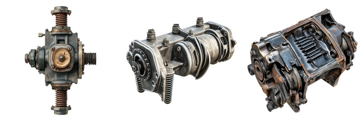 A set of three industrial mechanical gears. The gears are made of metal, are old, and are different shapes