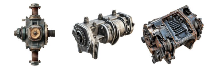 A set of three industrial mechanical gears. The gears are made of metal, are old, and are different shapes