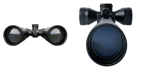 Close-up shot of binoculars, showcasing their sleek design and focusing on lens detail
