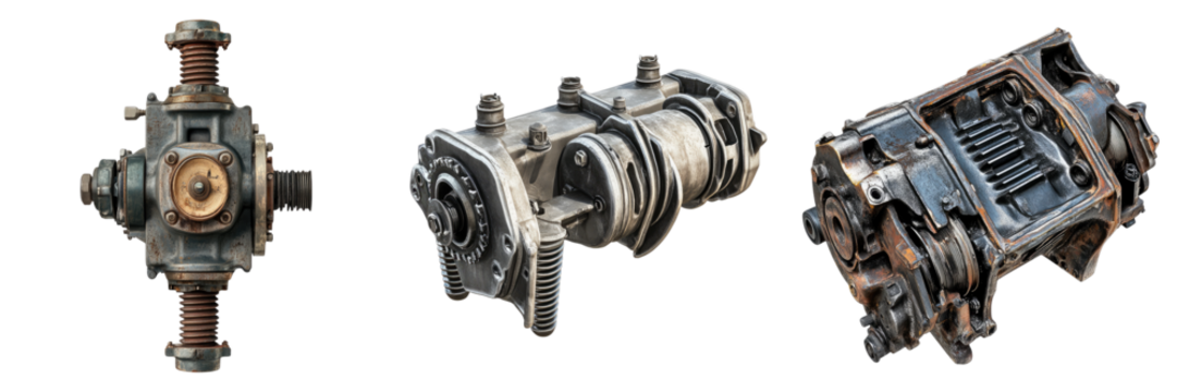 A set of three industrial mechanical gears. The gears are made of metal, are old, and are different shapes