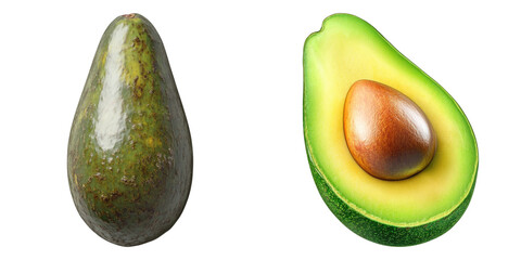 A fresh avocado, a healthy and delicious fruit. One is whole, the other is sliced, revealing the vibrant green flesh and brown seed. 