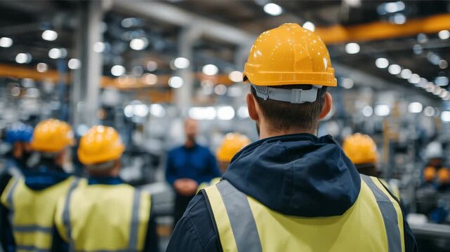 Rear view of factory workers gathered around supervisor giving safety instructions, bright overhead industrial lights illuminating metal equipment and workshop environment