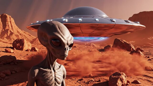 Alien stands on red, dusty planet watching its saucer land nearby, kicking up red dust against a barren desert of rocky hills beneath a blood-tinted sky