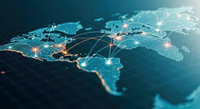 Global connection network and interconnected digital world map showing communication links and worldwide data flow on a dark blue background - Powered by Adobe