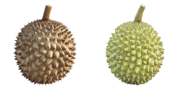 Two durians with spiky exteriors, one golden brown and the other green. They sit against a blank backdrop, ready to be prepared