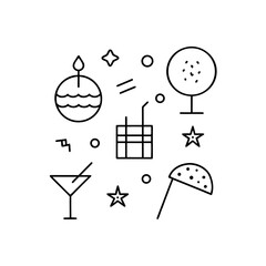 Outline drawing of party and celebration elements on transparent background