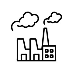 Outline drawing of a factory with smoke stacks on transparent background