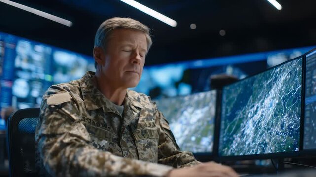 Senior military analyst in uniform reviewing satellite imagery on dual screens, modern war room setting with blue-toned lighting