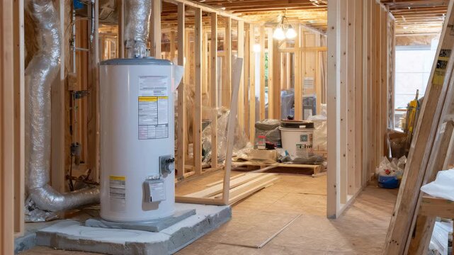 Side view of water heater being mounted in basement under construction, pipes and insulation visible, realistic lighting highlighting work in progress