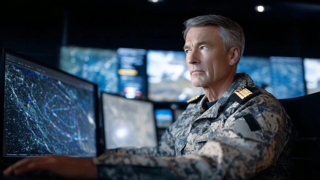 Senior military officer in command center uniform focused on dual monitors displaying reconnaissance visuals and radar patterns, advanced defense operations