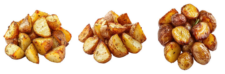 Golden roasted potatoes arranged into three sections, with a light brown skin and tempting appearance