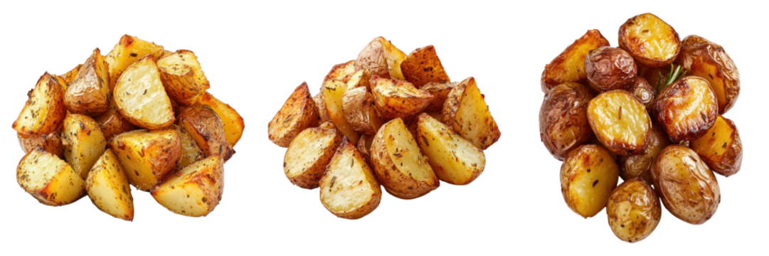 Golden roasted potatoes arranged into three sections, with a light brown skin and tempting appearance