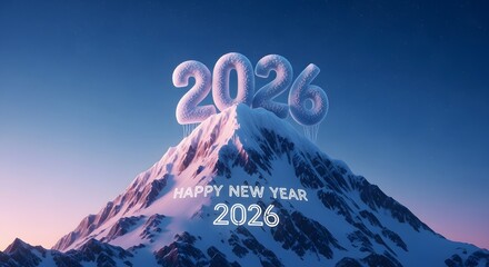 Majestic snowy mountain peak crowned with glowing 2026 numbers under a vibrant twilight sky celebrating the upcoming new year