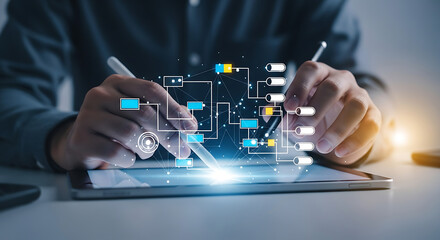 Person interacting with a digital flowchart on a tablet screen