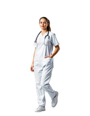 Young female doctor wearing scrubs and stethoscope isolated on transparent background