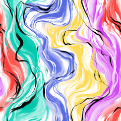 Abstract Multi color Marble Pattern with Wavy Lines, Vibrant Fluid Paint Texture, Modern Seamless Design, large. Bright mix of red, yellow, green, blue, and purple tones with expressive black accents.