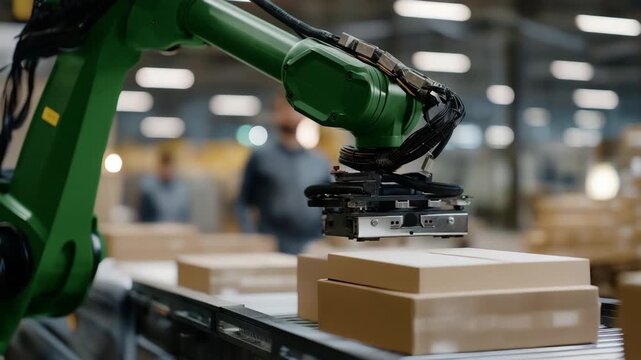 Green production line manufacturing compostable packaging with robotics, emotion of teamwork visible, symbolizing circular design, green industry, and modern eco-production. cinematic color
