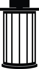 Black silhouette of a cylindrical trash can or waste bin with vertical lines and lid on white background