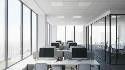 Modern office interior with workstations and conference room