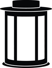 Stylized black silhouette icon of a vintage outdoor lantern with a wide brimmed top, isolated vector graphic