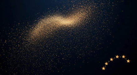 Golden glitter cascade on dark blue background with star constellation, symbolizing magic, wonder, and celestial beauty, ideal for dream or astrology themes