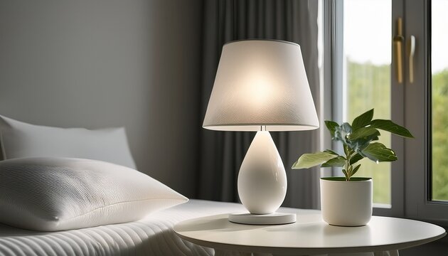a sleek white table lamp with a crescent shape rests on a light colored bedside table the lamp emits a warm focused glow casting a soft light onto a partially visible window and a leafy plant