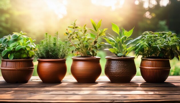 lush green plants in rustic pots on a wooden surface showcasing vibrant colors and textures