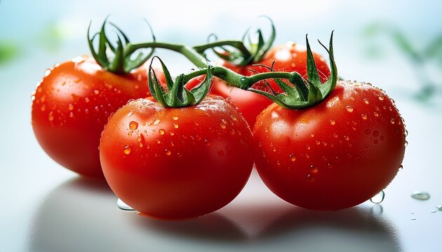 fresh tomatoes glisten with droplets of water on the vine showcasing vibrant colors and textures