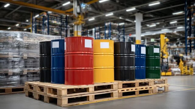 Spill containment pallet with colorful barrels in factory setting, bright industrial lights emphasizing organized and secure chemical storage