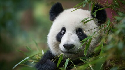 Fototapeta premium Adorable Panda Eating Bamboo Amidst Lush Greenery in a Soft Focus Jungle Setting