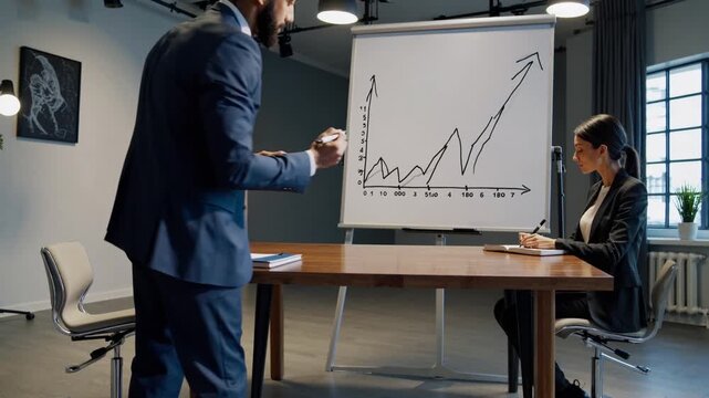 caucasian man, asian woman, growth chart at office table presenting financial pitch with upward graph, tense exchange, notes and documents on table, modern lamp and artwork in background, business
