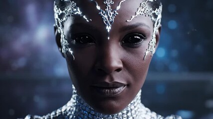 Alien woman with dark skin and expressive black eyes wearing shiny silver scale armor and glowing head adornments, standing in a sci-fi setting with a blurred background - Powered by Adobe