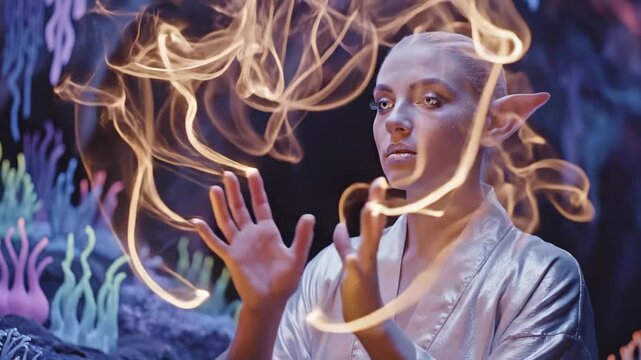 Elf woman with white eyes and pointed ears performing a magic spell, manipulating glowing light particles between her hands in a mystical, dark fantasy environment