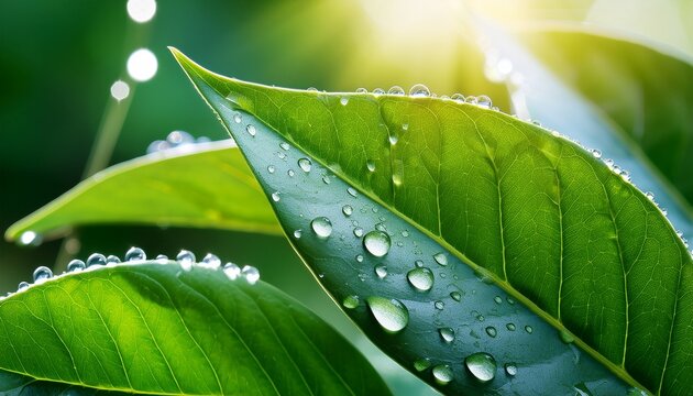 fresh green leaves with water droplets glistening in natural light