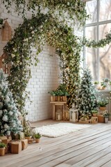 Cozy Holiday Scene With Decorative Archway and Winter Trees in a Bright Room
