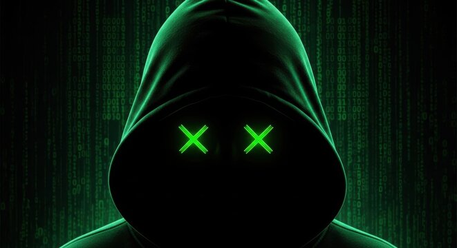 Anonymous hacker in a dark hoodie with glowing green x eyes against a digital binary code background