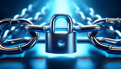 a shiny padlock secured on a blue chain link symbolizing security and protection