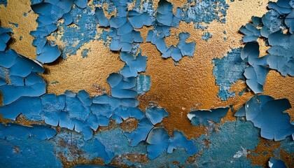 a close up shot of a weathered concrete wall with peeling paint the wall exhibits a distressed aesthetic showcasing layers of faded blue and gold paint that are flaking and crumbling