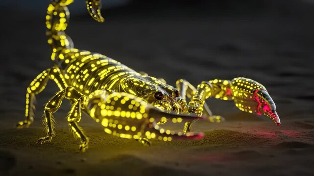 Robotic scorpion with intricate yellow glowing patterns and red illuminated pincers standing on rough desert ground, showcasing advanced technology and dangerous predatory design