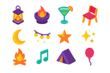 Vibrant Afterparty Icons. Outdoor Afterparty modern flat icons set: lantern, fire pit, drink glass, chair, moon, string lights, star, sparkle, bonfire, music note, tent, balloon.