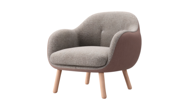 Modern upholstered armchair with a curved design, featuring light grey textured fabric, a brownish exterior, and natural wooden legs, isolated. background removed