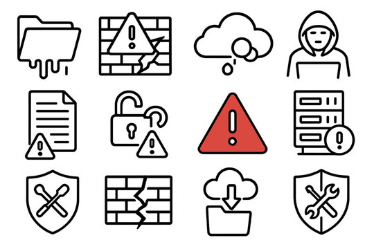 Data Security Breach. Data Leak linear icon set: open folder, dripping data, alert sign, firewall crack, cloud breach, warning triangle, hacker icon, exposed document, broken