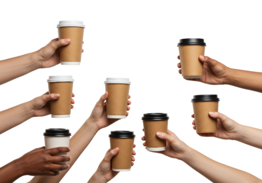 Diverse adult hands, light to dark skin tones, elegantly hold pristine blank kraft coffee cups with various lids/sleeves on a bright white background, ample copy space. Beverage branding concept