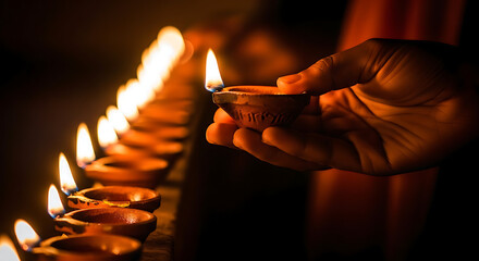 Hand lighting a row of oil lamps during a festival of lights