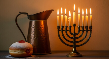 Hanukkah celebration with lit menorah and sufganiyah