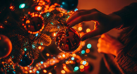 Hands decorating a blurry christmas tree with warm lights