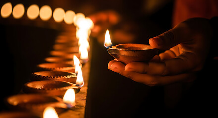 Hand lighting a row of oil lamps at night